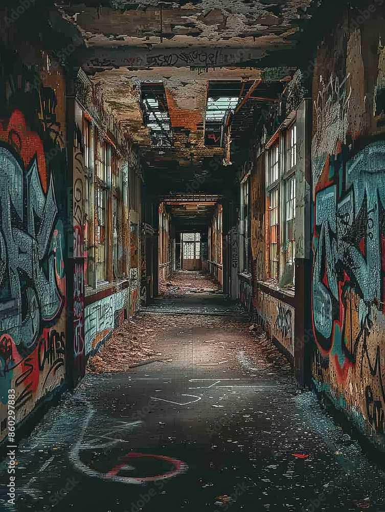 Fototapeta premium A narrow, dark alley winds through aschool building, its stone walls adorned with faded graffiti