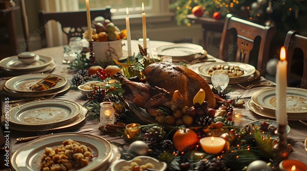 Naklejka premium Festive Holiday Table with Roasted Turkey and Decorations