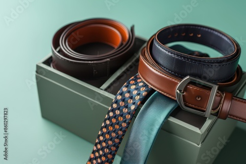 a leather belt in a box on a green background photo