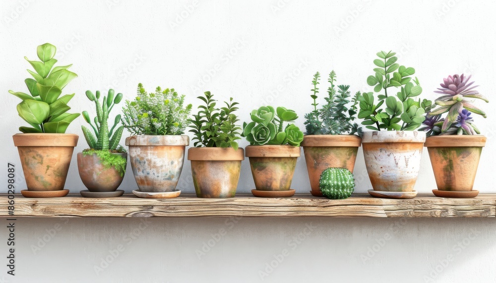 Various Potted Plants on Wooden Shelf Various Potted Plants on Wooden Shelf