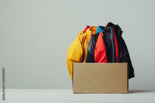 a box with several jackets sitting on top of it