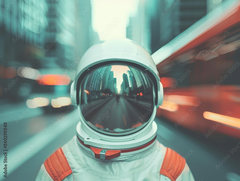 Fototapeta premium Surreal Encounter: Astronaut's Helmet Reflecting Approaching City Bus