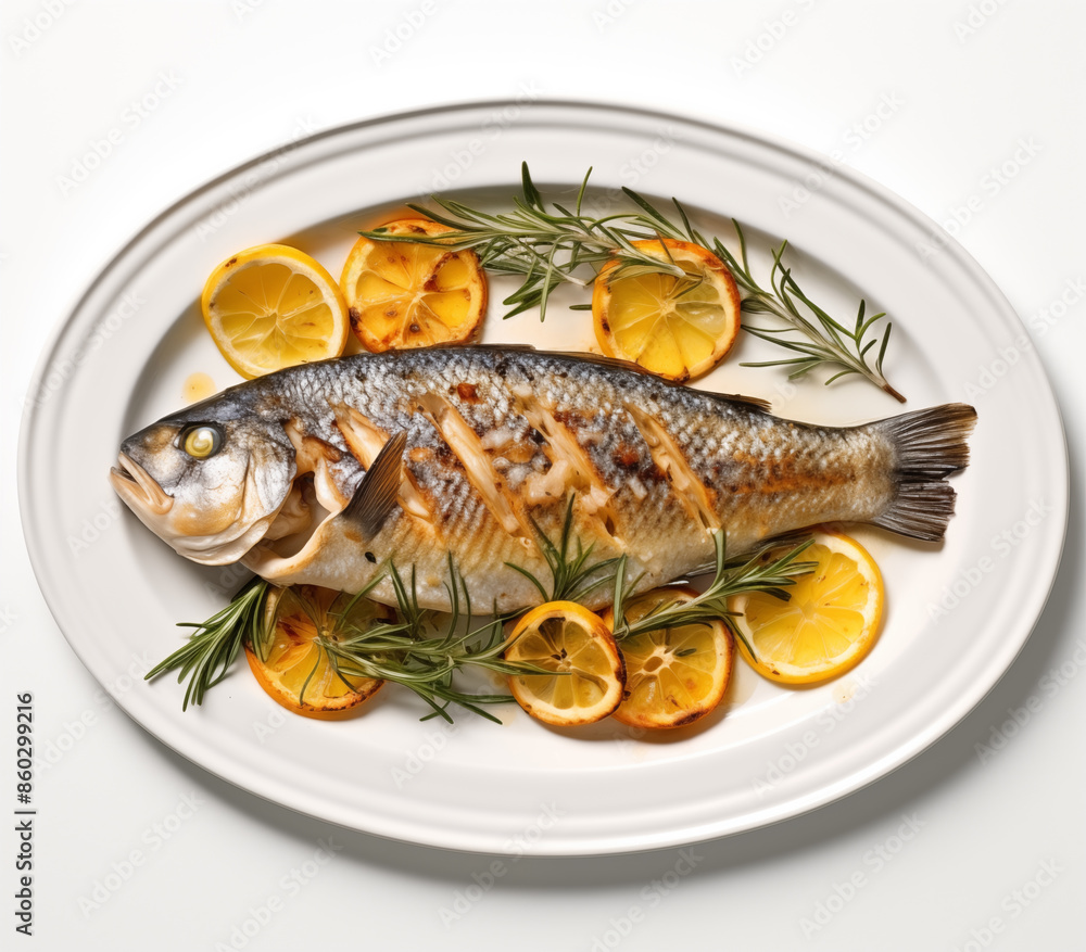 Delicious Grilled Fish with Lemon and Rosemary. The fish is cooked to a golden perfection, with crispy skin and flaky white flesh. The lemon slices add a zesty touch Delicious Grilled Fish with Lemon and Rosemary. The fish is cooked to a golden perfection, with crispy skin and flaky white flesh. The lemon slices add a zesty touch