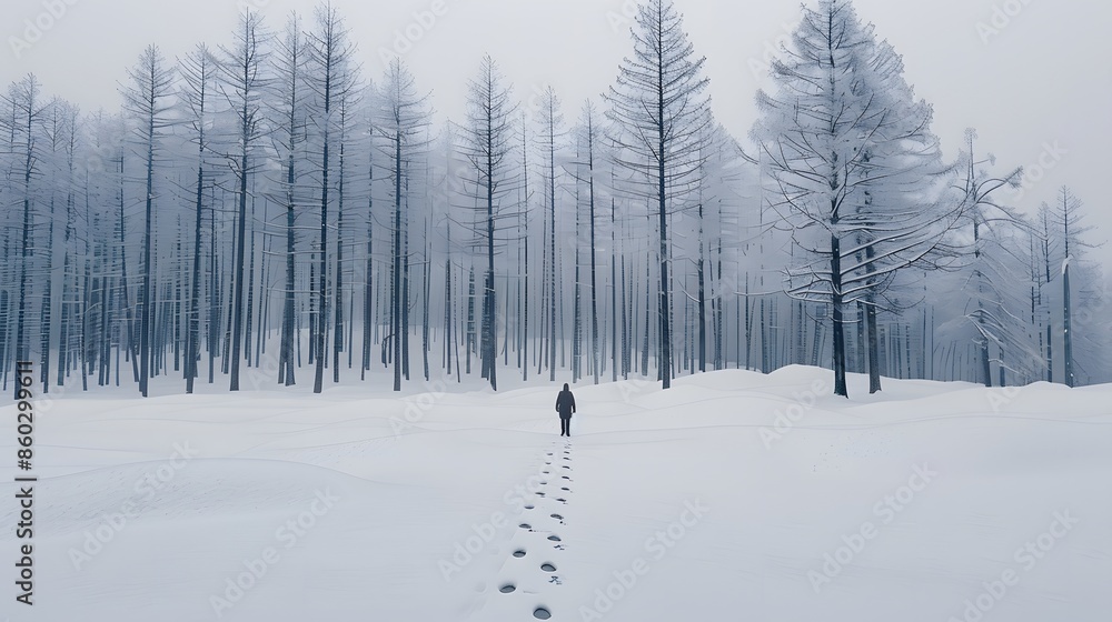 Obraz premium Lone Walker in Snow-Covered Forest