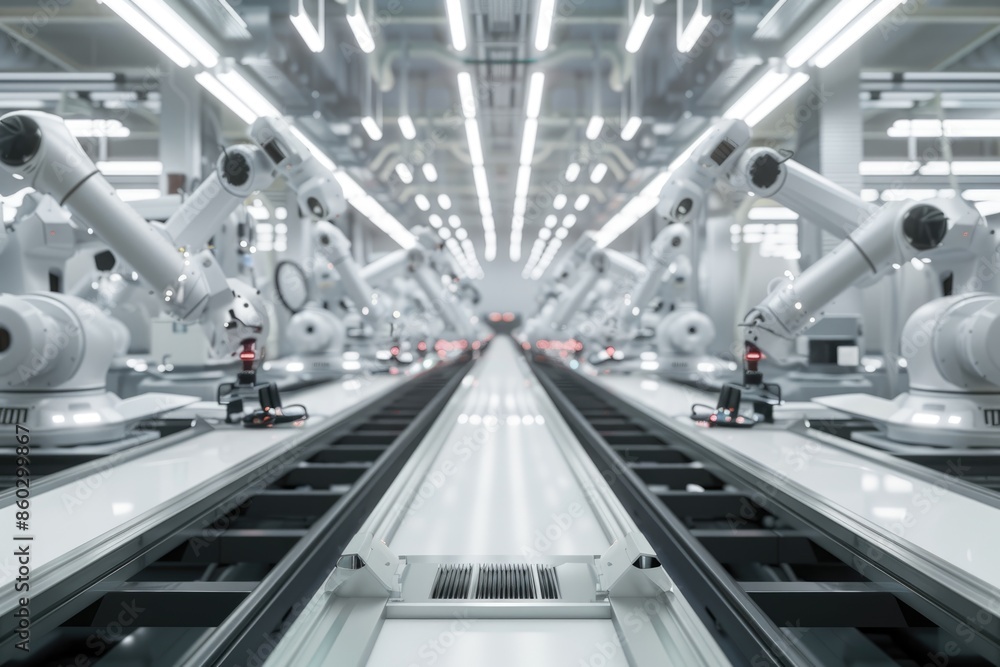 Naklejka premium An advanced production line with robotic arms and a conveyor belt efficiently sorting and packaging goods in a bright, clean factory environment on a white background
