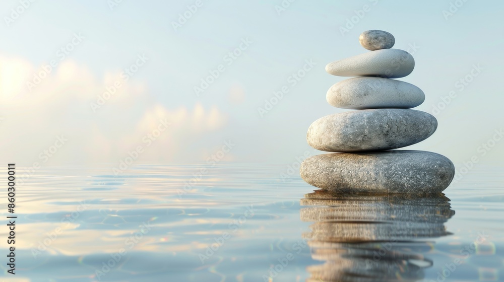 Stacked Stones Reflecting In Calm Water On A Sunny Day Stacked Stones Reflecting In Calm Water On A Sunny Day