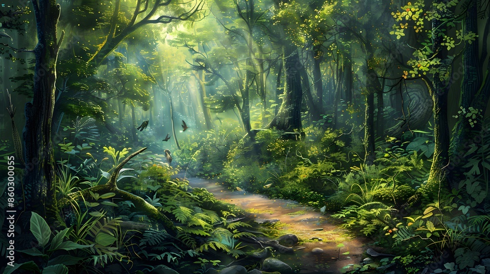 Sunlit Forest Trail with Vibrant Green Foliage and Wildlife Sunlit Forest Trail with Vibrant Green Foliage and Wildlife