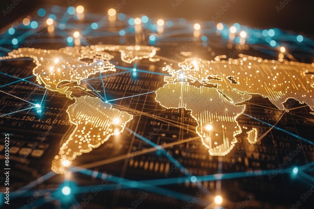 Golden digital world map with blue network connectivity lines on a slick and glossy futuristic background , conectivity. Golden digital world map with blue network connectivity lines on a slick and glossy futuristic background , conectivity.