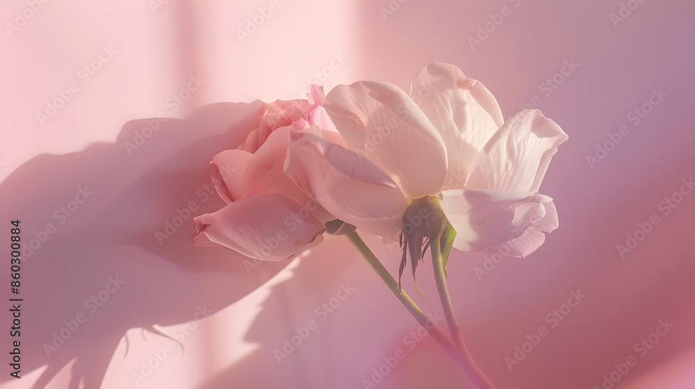 Fototapeta premium Natural flower shadows are blurred on light pink rose and mauve color wall at home at sunrise : Generative AI