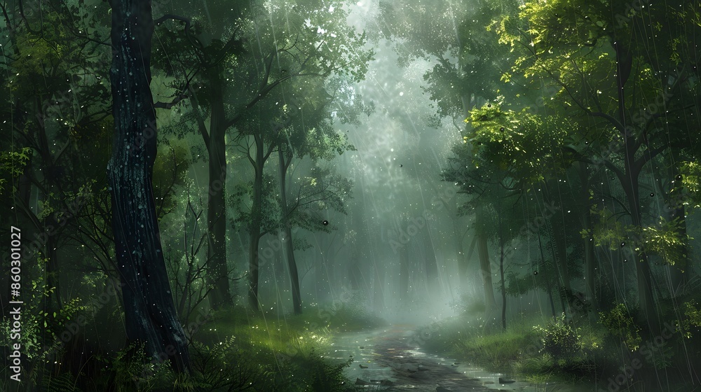 Fototapeta premium Misty Forest with Tall Trees and Narrow Winding Path