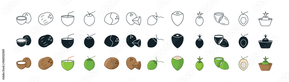 A set of minimal icon set of organic coconut with line, field, and illustration variants A set of minimal icon set of organic coconut with line, field, and illustration variants