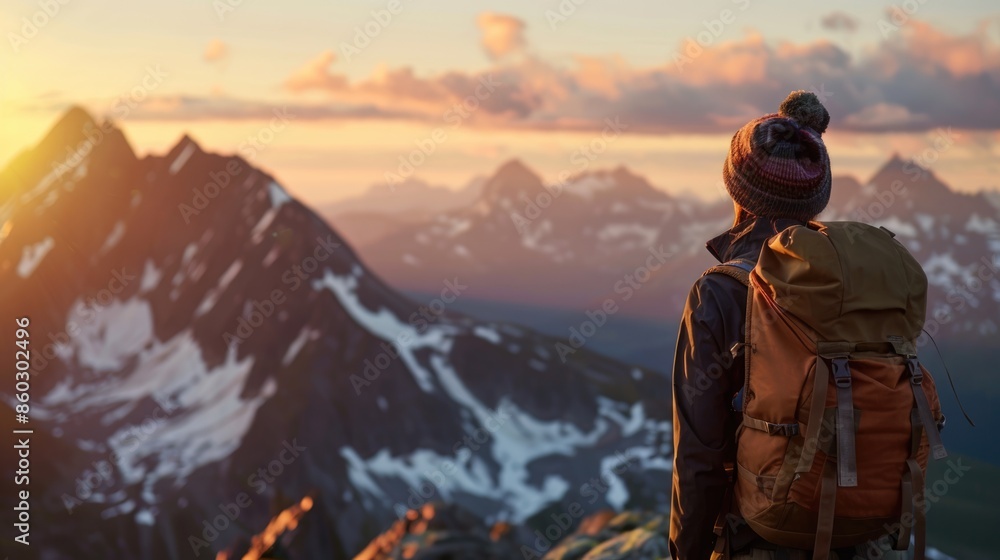 An elated traveler gazes out at the panoramic mountain vista at sunset, their face illuminated by the warm glow of the fading light, their joy evident as they soak in the breathtaking scenery, with An elated traveler gazes out at the panoramic mountain vista at sunset, their face illuminated by the warm glow of the fading light, their joy evident as they soak in the breathtaking scenery, with