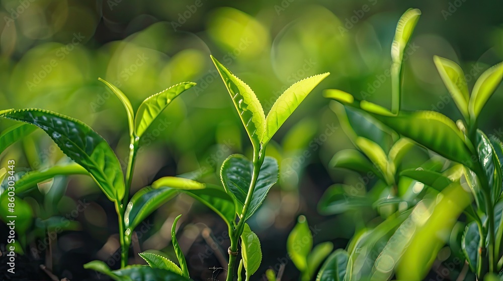 Close-up of new tea shoots with bright green leaves Close-up of new tea shoots with bright green leaves