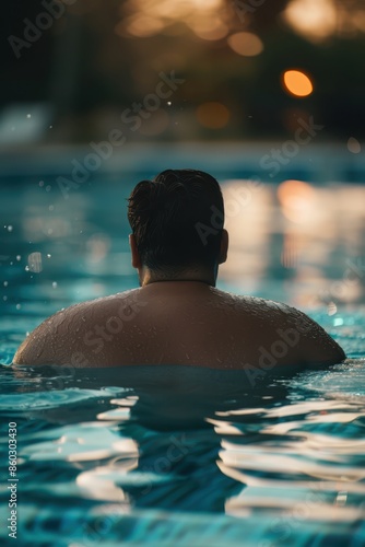 a man in a swimming pool at dusk photo