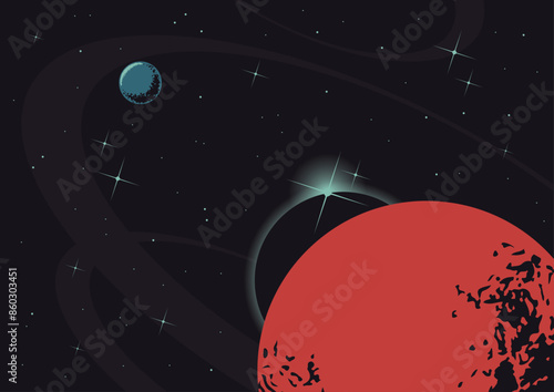 Cosmic Illustration, Deep Space Panorama, Planetary Orbit, Stars, Moon. Starry Background, Vector Template for Space Posters, Covers, Illustrations