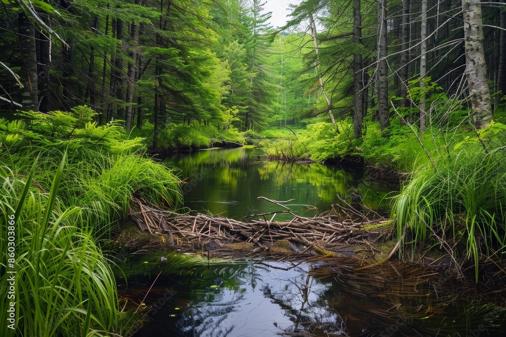 Peaceful Forest Stream with Intricate Beaver Dam and Lush Vegetation Peaceful Forest Stream with Intricate Beaver Dam and Lush Vegetation