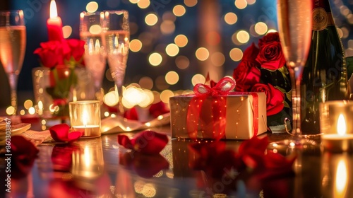 A romantic setting with a gift box on a candlelit table, roses and champagne nearby, perfect for a special celebration or proposal. 