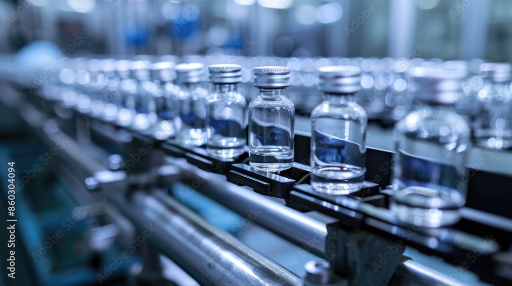 A row of empty glass bottles on a moving conveyor belt A row of empty glass bottles on a moving conveyor belt