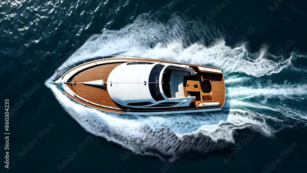 Motorboat cruising in the middle of the ocean with seamless looping animation. AI-generated 4K time-lapse video background.