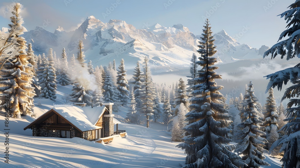 Fototapeta premium Picturesque Snow-Covered Mountain Chalet with Ski Tracks