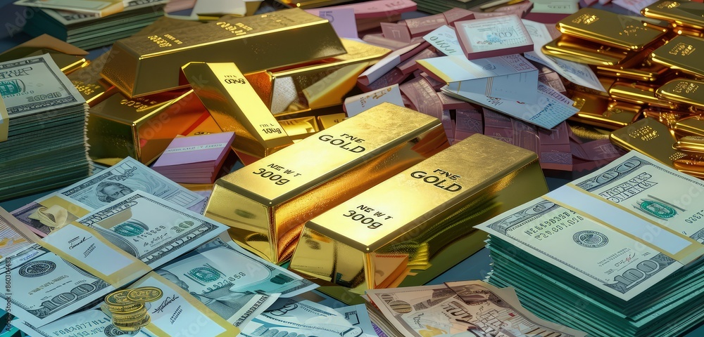 A sophisticated 3D rendering of a portfolio of assets including gold bars, stock certificates, and piles of money, emphasizing diversified investments. A sophisticated 3D rendering of a portfolio of assets including gold bars, stock certificates, and piles of money, emphasizing diversified investments.