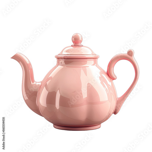 Pink ceramic teapot with lid and curved handle isolated on transparent background