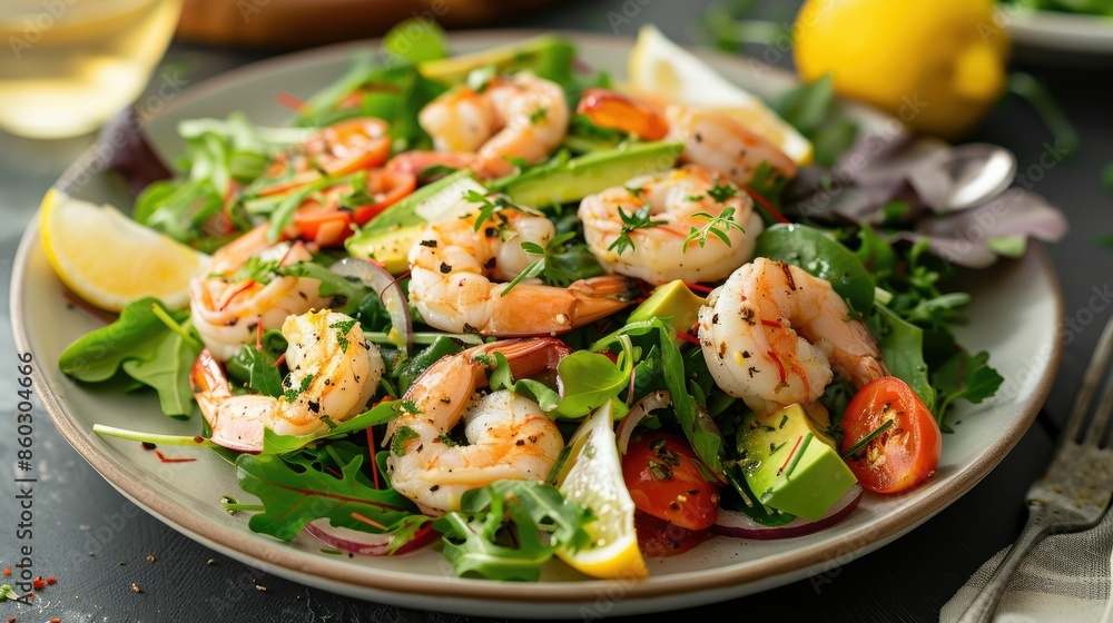 Fresh seafood salad with shrimp, avocado, and mixed greens on a white plate, garnished with lemon wedges Fresh seafood salad with shrimp, avocado, and mixed greens on a white plate, garnished with lemon wedges