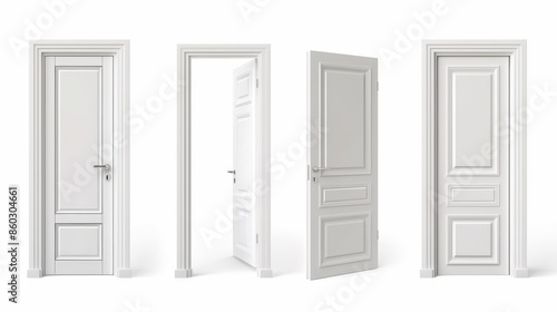 Four White Doors in a Row Against a White Background