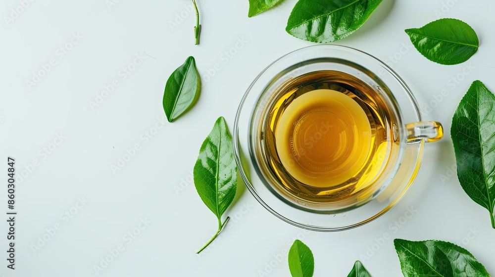 Glass cup of aromatic tea with vibrant green leaves on a white background Glass cup of aromatic tea with vibrant green leaves on a white background