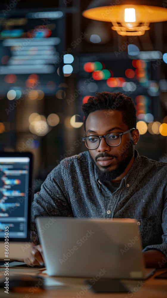 African American Developer Working on Laptop in Office African American Developer Working on Laptop in Office