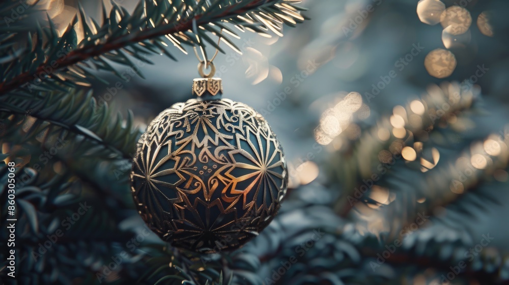 A close-up shot of a Christmas ornament on a tree, perfect for holiday decorating ideas or festive advertisements A close-up shot of a Christmas ornament on a tree, perfect for holiday decorating ideas or festive advertisements