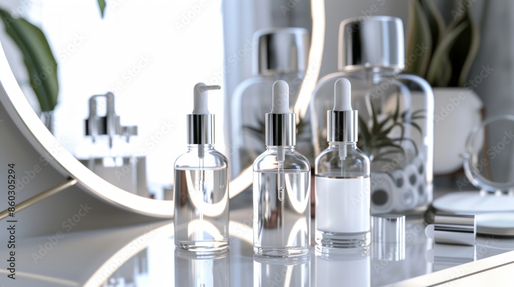 A selection of skincare serums in glass bottles with droppers, displayed on a stylish vanity table with a large mirror. A selection of skincare serums in glass bottles with droppers, displayed on a stylish vanity table with a large mirror.