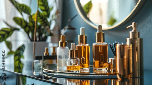 A selection of skincare serums in glass bottles with droppers, displayed on a stylish vanity table with a large mirror. 