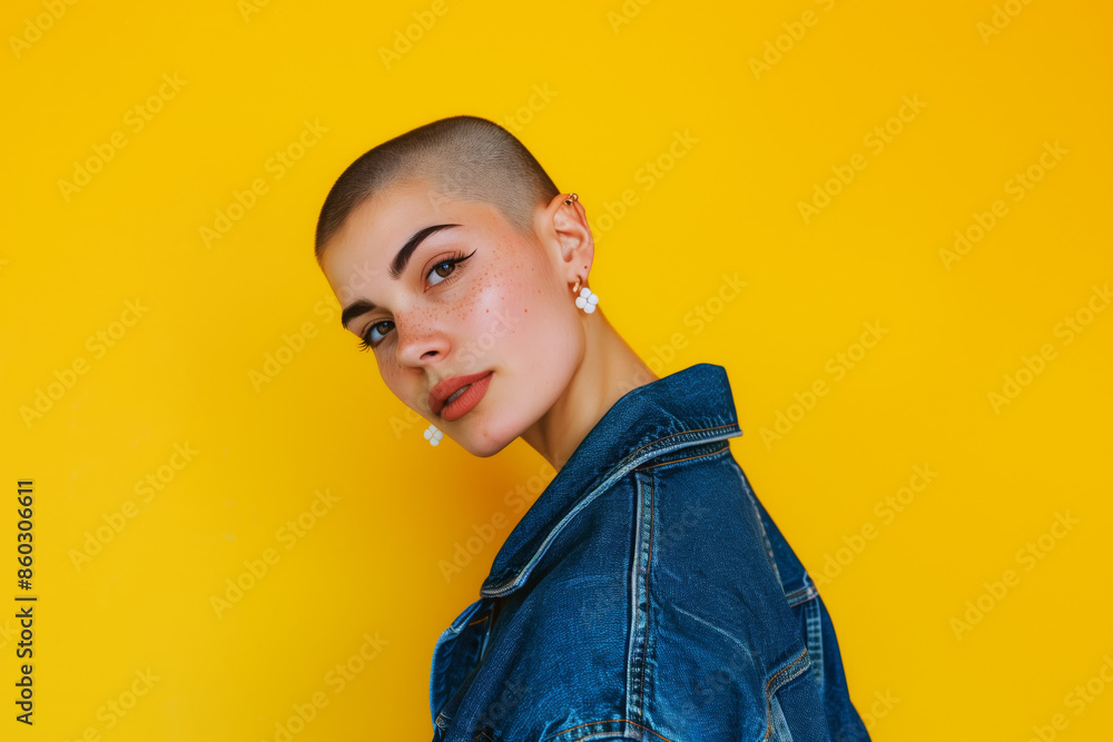 Stylish woman with a shaved head, wearing a denim jacket and flower earrings, posing confidently against a vibrant yellow background. Stylish woman with a shaved head, wearing a denim jacket and flower earrings, posing confidently against a vibrant yellow background.