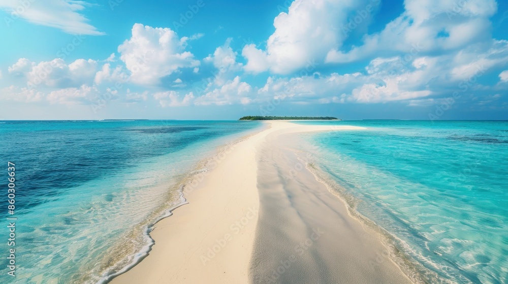 A sand spit stretches into the distance on a tropical island. It's a beautiful sunny summer landscape with a white sand beach. A sand spit stretches into the distance on a tropical island. It's a beautiful sunny summer landscape with a white sand beach.