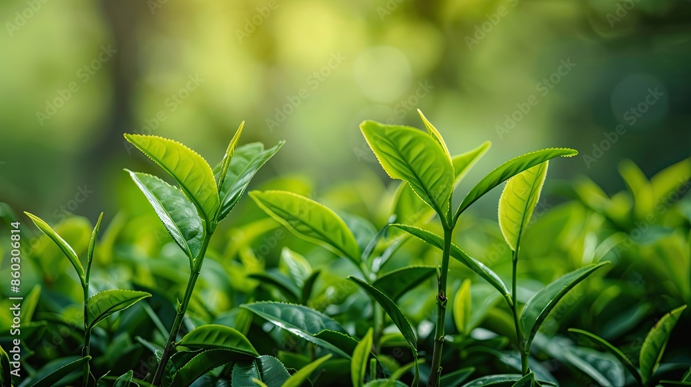 Macro view of lush green tea leaves set against a gently blurred green tea surface Macro view of lush green tea leaves set against a gently blurred green tea surface