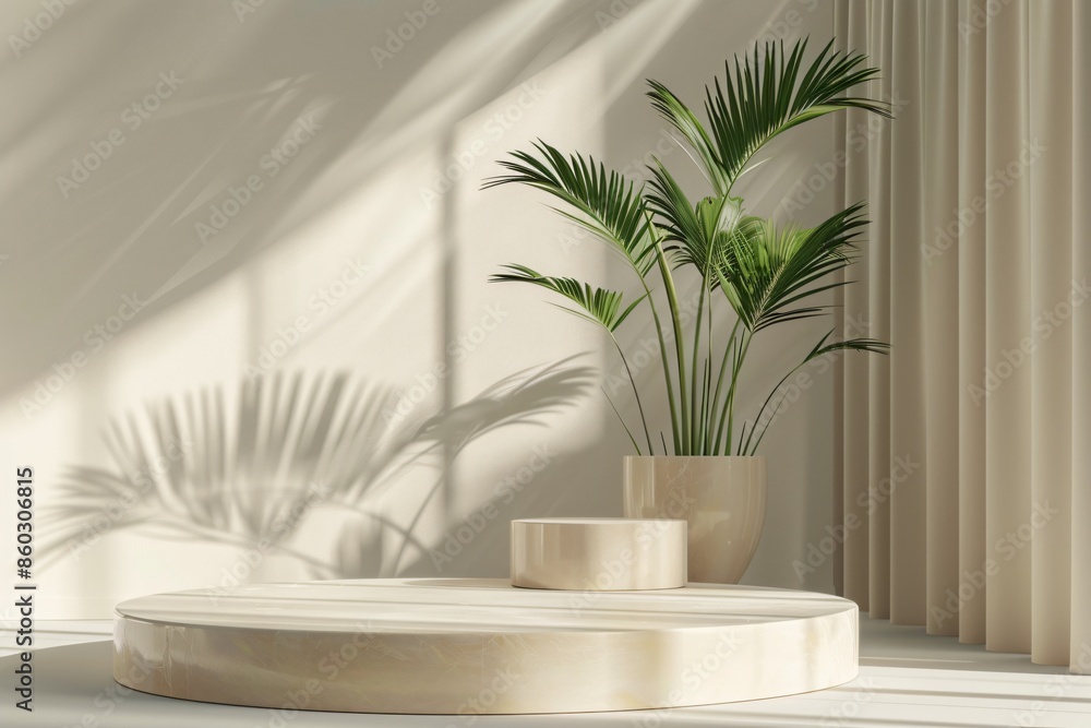 Minimalist Beige Product Display with Palm Plant Minimalist Beige Product Display with Palm Plant