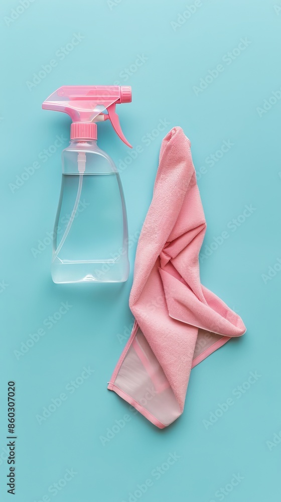 Cleaner spray bottle and pink rag on blue background. Cleaning service banner mockup. Housecleaning and housekeeping concept. Flat lay, top view 