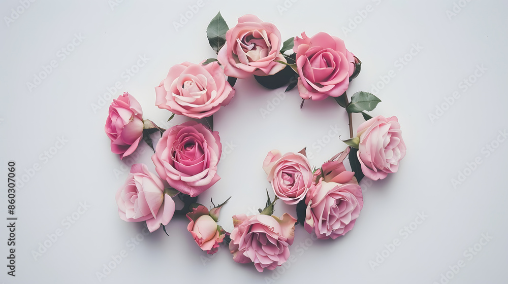 Pink roses on white background Flat lay Frame wreath : Generative AI Pink roses on white background Flat lay Frame wreath : Generative AI