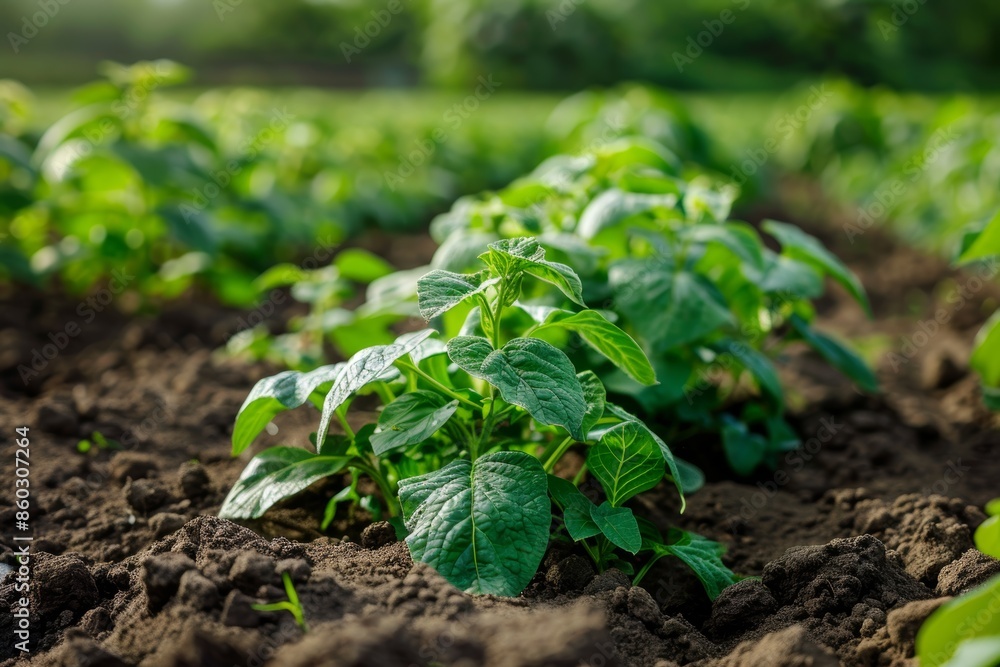 Obraz premium Lush Organic Potato Farm in Picturesque Countryside with Rich Dark Soil and Green Plants