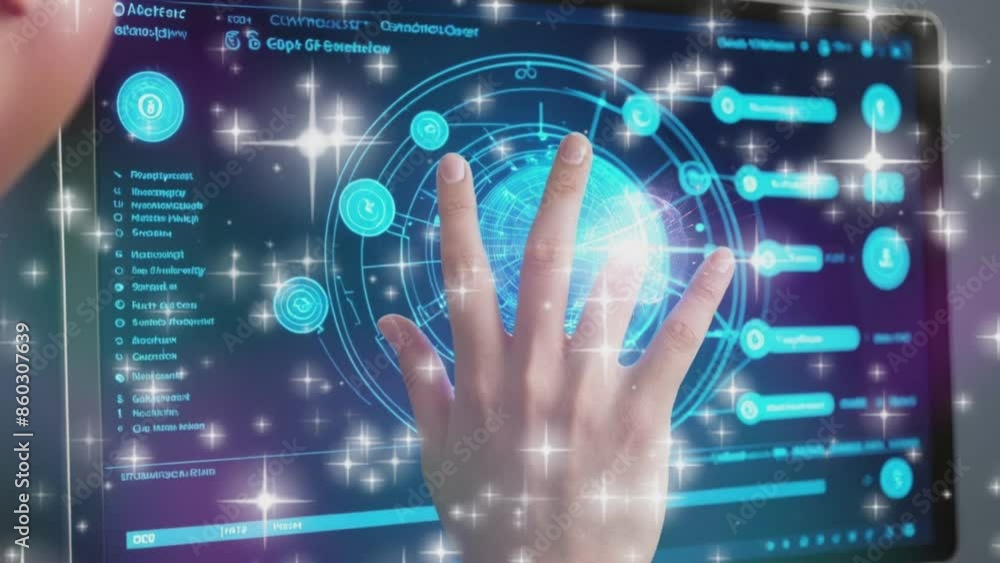 Futuristic Finger Touching an Innovative Technology Holographic Screen, Showcasing Cutting-Edge Interaction Futuristic Finger Touching an Innovative Technology Holographic Screen, Showcasing Cutting-Edge Interaction