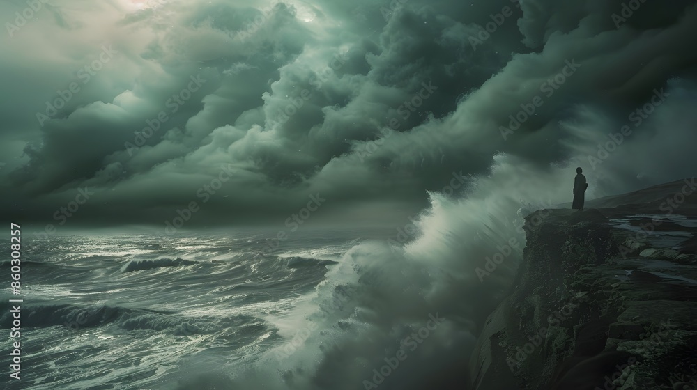 Turbulent Seascape with Lone Figure Screaming into the Wind Turbulent Seascape with Lone Figure Screaming into the Wind