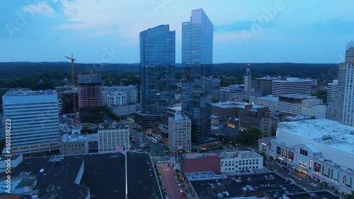 flying towards towers in downtown White Plains New York