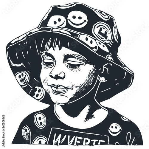 A boy dressed in a T-shirt and a Panama hat, vector illustration