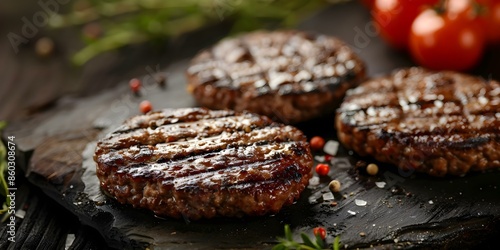 Delicious Grilled Hamburger Patties for a Flavorful Cookout Gathering. Concept Grilling Tips, Seasoning Ideas, Charcoal vs Gas, Burger Toppings, Cookout Atmosphere photo