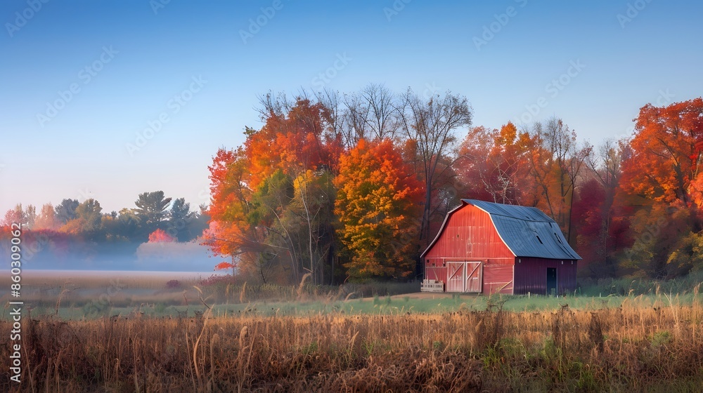 Tranquil Autumn Morning at Countryside Farm with Red Barn Tranquil Autumn Morning at Countryside Farm with Red Barn