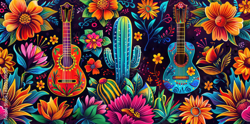 Vibrant Latin American design featuring Mexican guitars, cactus, painted Mexican skulls and flowers. National Hispanic Heritage Month banner with tropical flowers. Day of the dead, Dia de los moertos