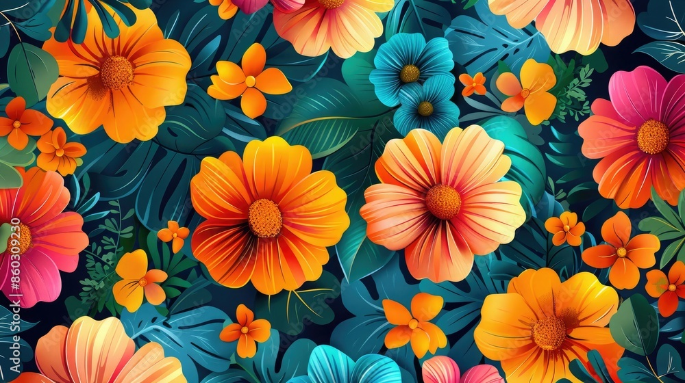 Bright illustration background with colorful flowers, natural pattern. National Hispanic Heritage Month banner with tropical flowers. Flyer with floral pattern, charming ethnic mexican floral design. Bright illustration background with colorful flowers, natural pattern. National Hispanic Heritage Month banner with tropical flowers. Flyer with floral pattern, charming ethnic mexican floral design.