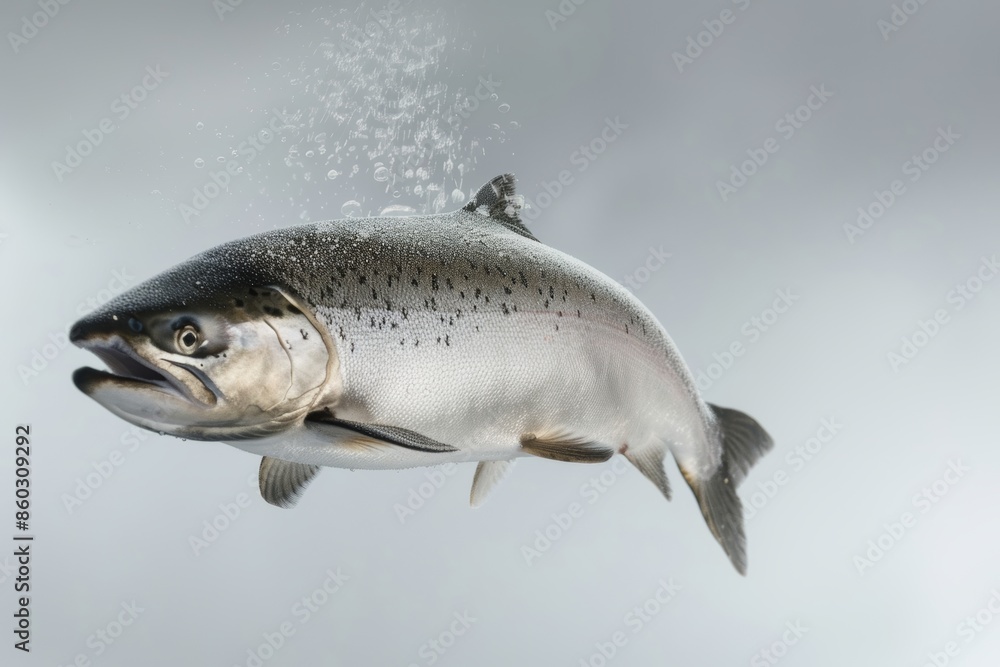 Salmon in Action, Frozen in Mid-Jump, Isolated on Light Background Generative AI Salmon in Action, Frozen in Mid-Jump, Isolated on Light Background Generative AI