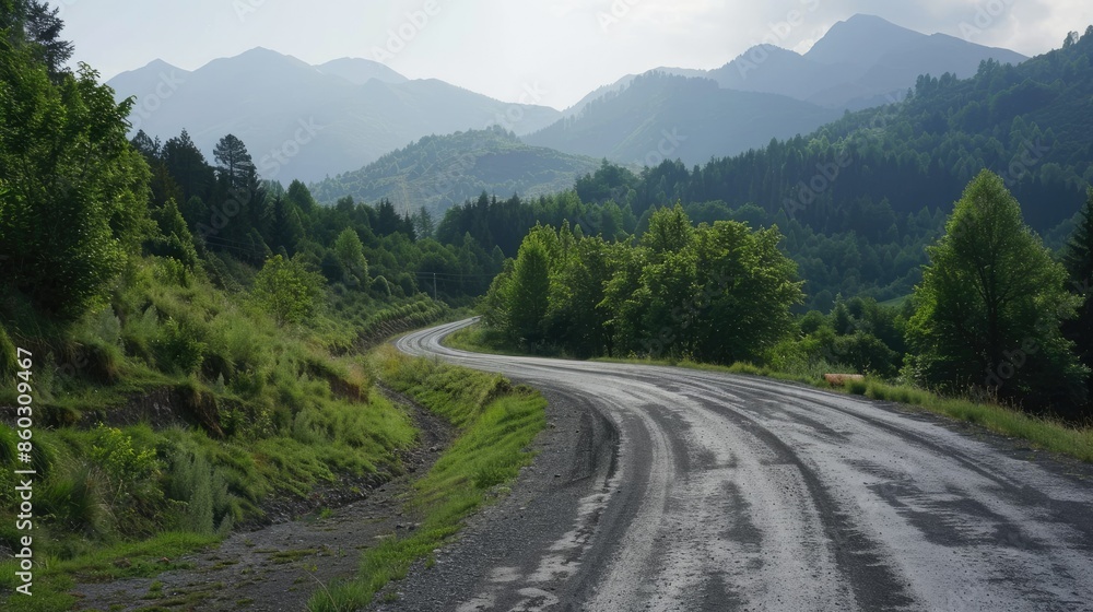 Winding asphalt road through a green forest with mountains in the horizon Winding asphalt road through a green forest with mountains in the horizon